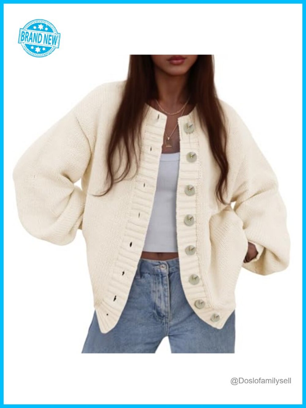 Chunky Ribbed Knit Button Up Cardigan Sweater Loose Fit Lantern Sleeve